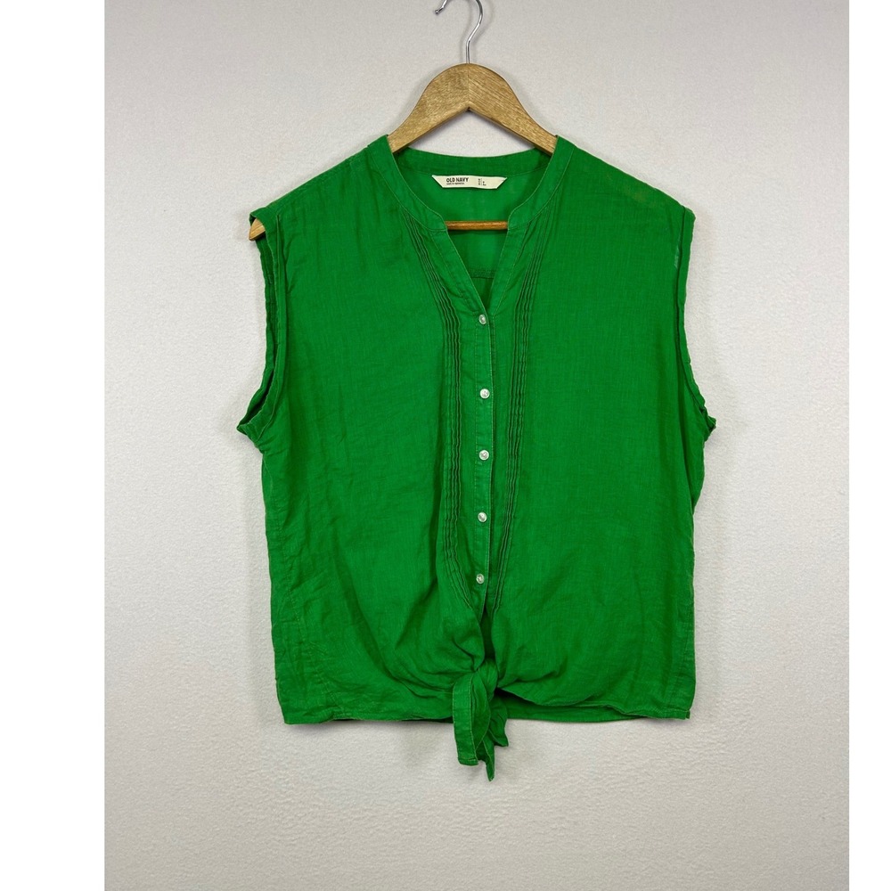 Coastal Boho Old Navy Womens Large Green Linen Blend Pintuck Tie Front Blouse